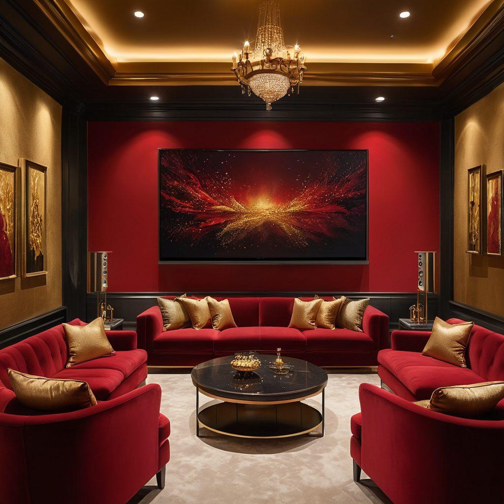 A luxurious, modern home theater setup with plush seating and a large screen showcasing abstract visuals, symbolizing adult entertainment. Soft ambient lighting creates an intimate atmosphere, while tasteful decor enhances the feeling of sophistication. Include subtle nods to streaming culture, like sleek devices and streaming icons subtly integrated into the design. Elegant color palette with shades of deep red and gold. super-realistic. vibrant colors.