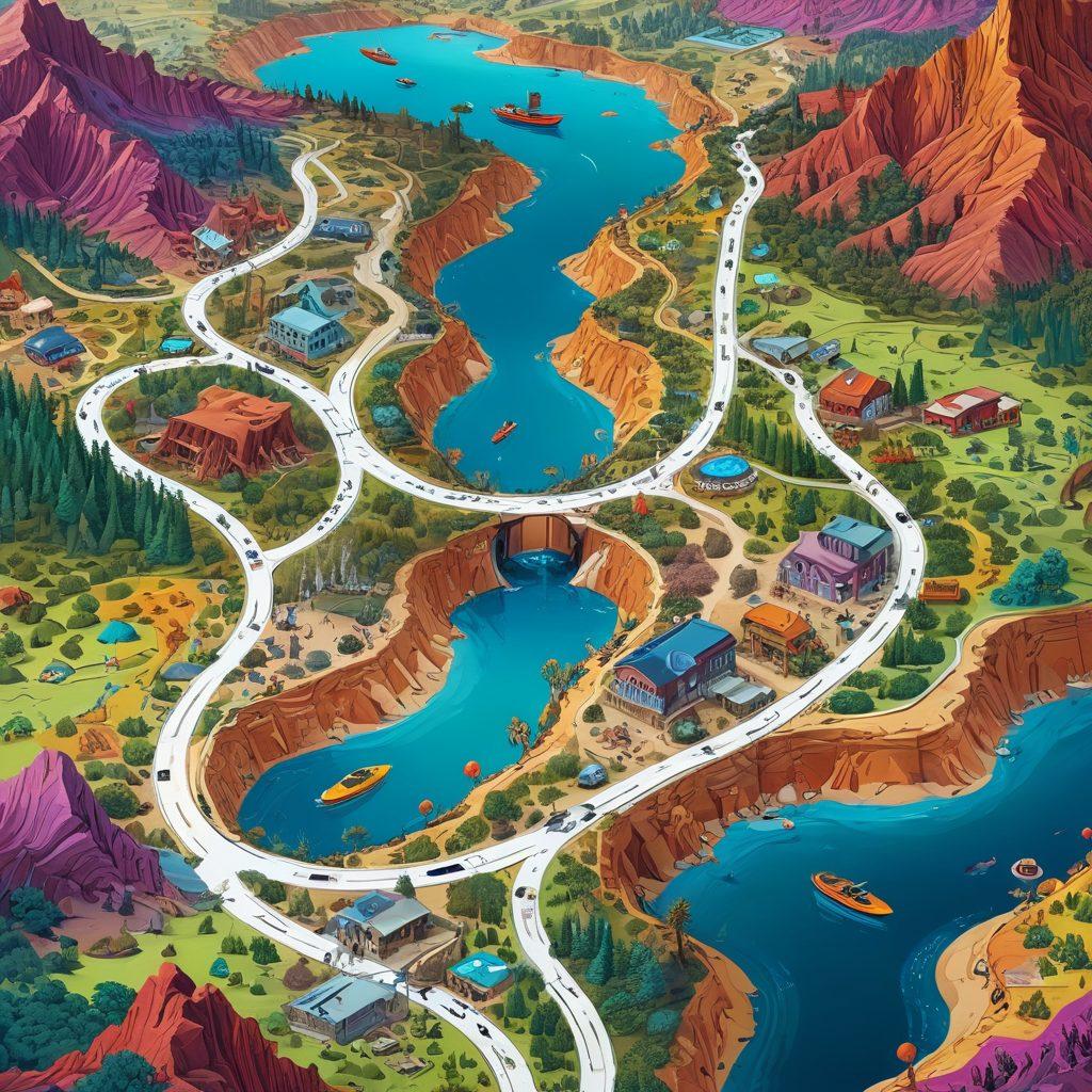 A detailed map of a surreal landscape symbolizing the digital world of NSFW videos, featuring various pathways leading to brightly colored sections representing different genres. Include digital icons like play buttons, warning symbols, and key locks scattered throughout to signify exploration and safety. The landscape should be vibrant and captivating, drawing the viewer in and sparking curiosity. Include abstract elements to give a sense of navigating through a virtual space. super-realistic. vibrant colors. digital art.