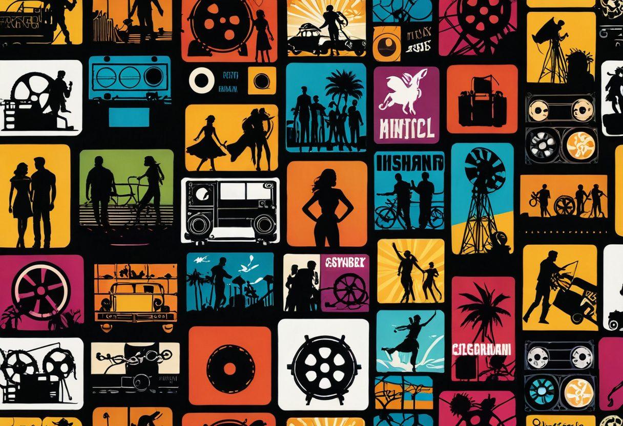 A vibrant collage of film reels, streaming icons, and colorful movie posters, surrounded by sensual silhouettes and playful graphics, symbolizing adult entertainment in a fun, inviting way. Incorporate elements of cinematic lights and a playful ambiance to create excitement and curiosity. The background should be dynamic, suggesting action and engagement with entertainment. super-realistic. vibrant colors. high contrast.